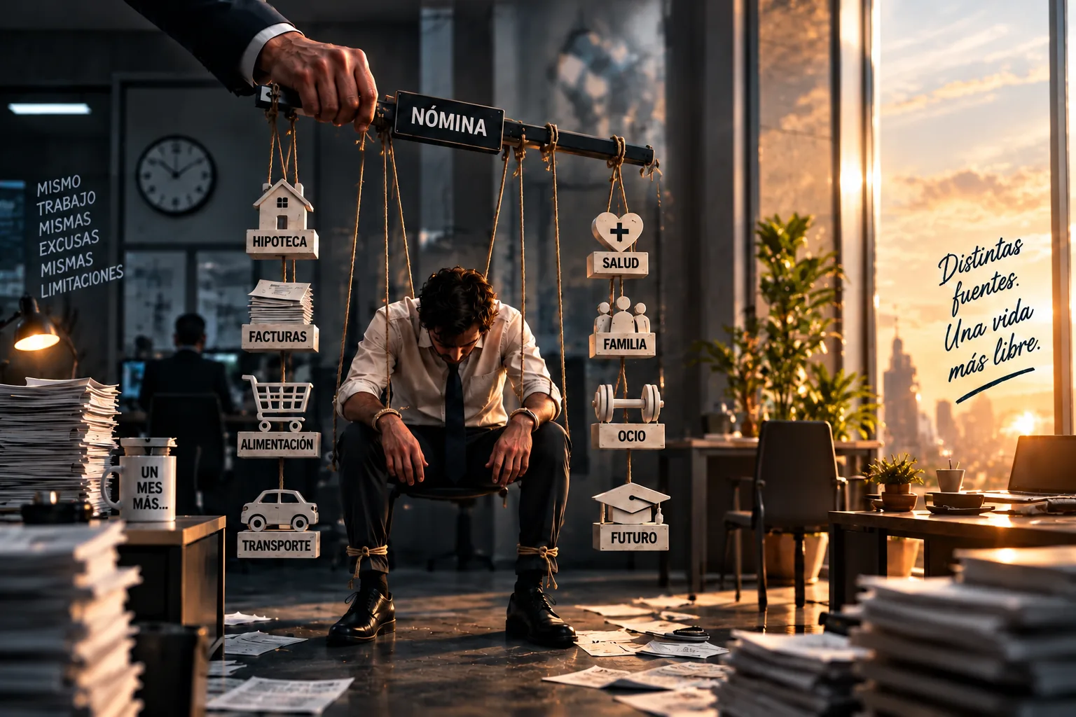 Un hombre abatido colgando como una marioneta de una barra con la palabra «nómina», atado a hipoteca, facturas, alimentación, transporte, salud, familia, ocio y futuro; a la derecha, una oficina luminosa y la frase «distintas fuentes, una vida más libre».
